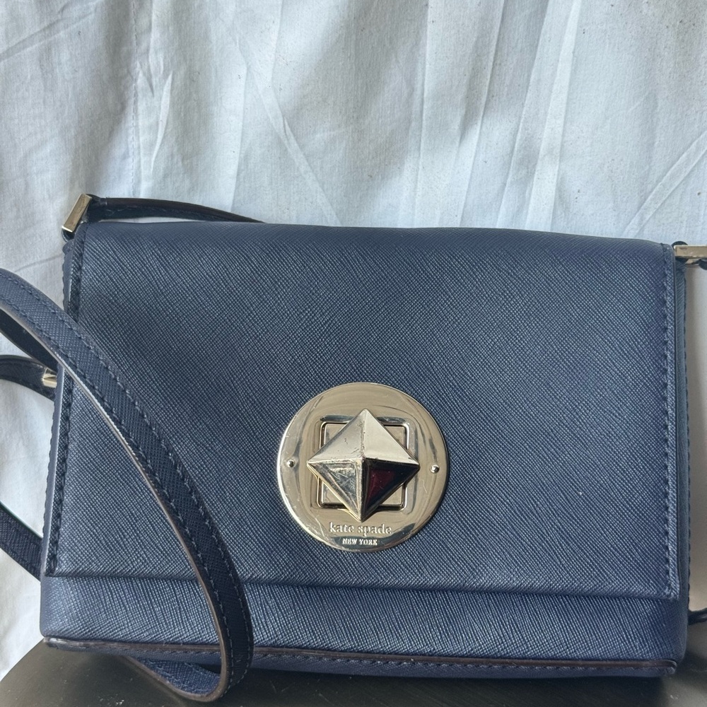 Kate Spade Blue Leather Crossbody Bag with Gold Accents